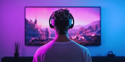 Immersive Gaming Experience: Captivating Virtual Reality with Headset and Colorful Ambient Lighting