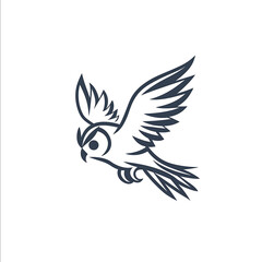 Obraz premium minimalist logo the word Forwords is written flying owl outline side view vector graphic minimum graphics no shadows White background clean logo