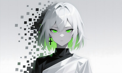 Futuristic Anime Girl with Piercing Green Eyes and Pixels in a Minimalist Digital Artwork