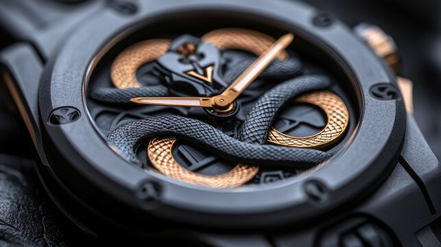 Close-up of a luxury wristwatch featuring a snake design. The watch has a dark gray and gold color scheme with intricate details.