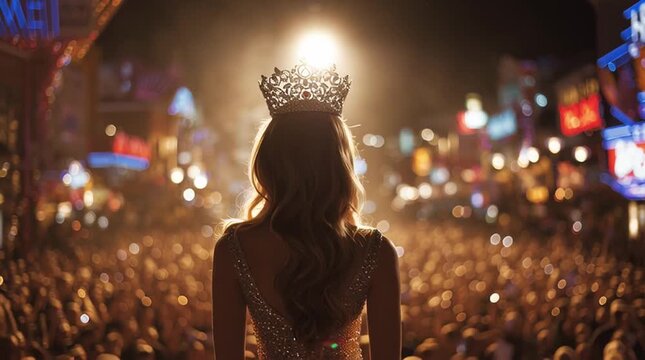 Back view of woman with crown on stage before crowd with arms outstretched