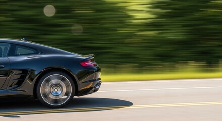 Black sports car speeding on an open road with motion blur