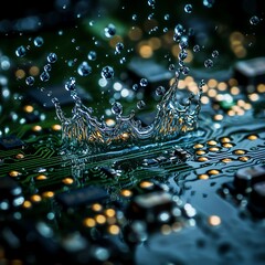 Raindrops splash dramatically onto a circuit board blending nature with technology   high resolution   for isolate image