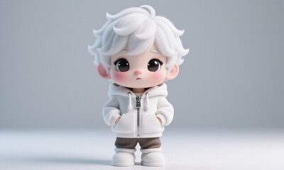 Cute Chibi Boy Character with White Fluffy Hair Standing Confidently on a Clean Background