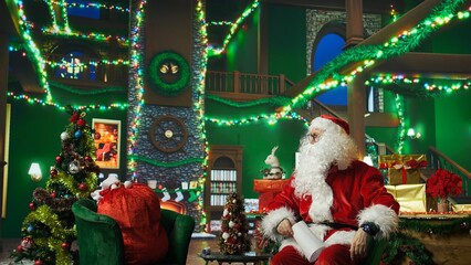 Fatigued Santa Claus being late, waking up after napping while making list of kids who has been naughty or nice. Alerted person hurrying to travel and visit children after dozing off, camera A