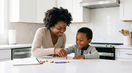 Mother and Son Drawing Together in Kitchen