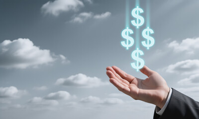 Hand catching falling glowing dollar signs from cloudy sky, symbolizing financial success and wealth.