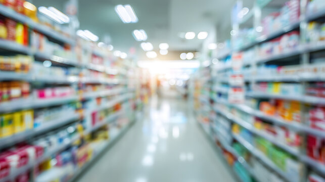 All&eacute;es floues d'une pharmacie avec des m&eacute;dicaments sur les &eacute;tag&egrave;res.