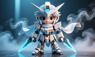 Adorable anime chibi warrior in futuristic white armor holding glowing swords in misty blue environment.