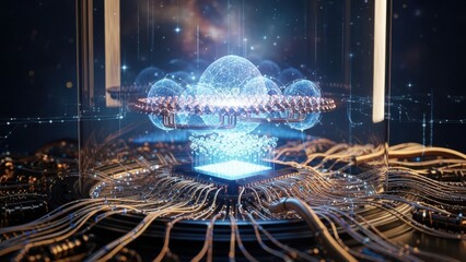 Obraz premium Futuristic quantum computing core with glowing energy and circuits