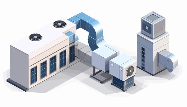 Isometric View of Modern HVAC System and Ductwork for Industrial or Commercial Buildings