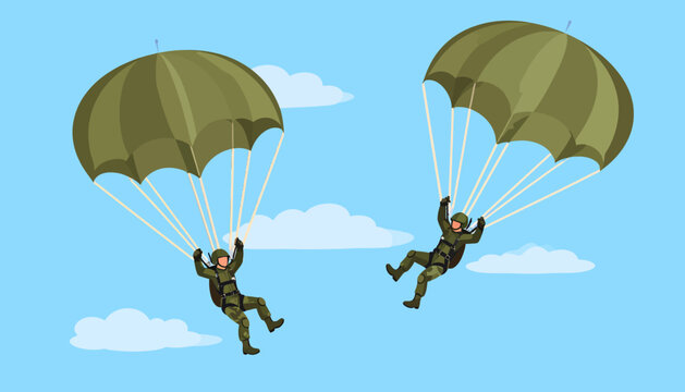 Two paratroopers in military uniform with green parachutes descending through a blue sky with clouds, airborne soldiers during training or skydiving.