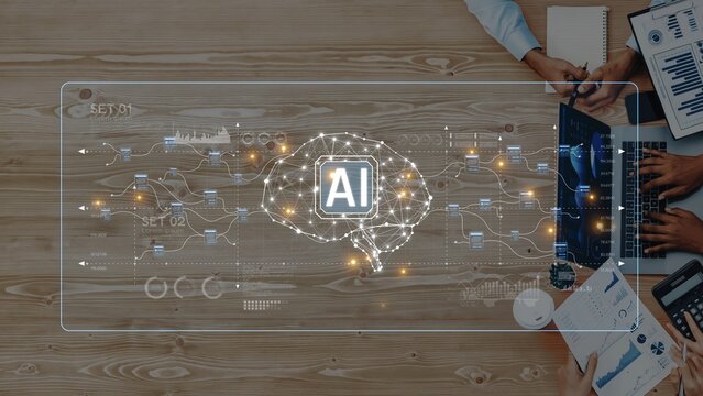 This image illustrates the concept of artificial intelligence through a digital brain graphic, showcasing team collaboration and data connections in a modern workspace setting. Raster