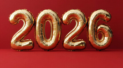 Golden foil balloons 2026 on color background