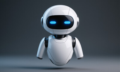 Cute white friendly AI robot with glowing blue eyes standing on a grey background