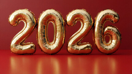 Golden foil balloons 2026 on color background