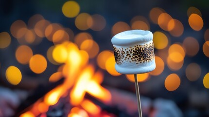 A toasted marshmallow on a stick with a campfire and bokeh lights in the background