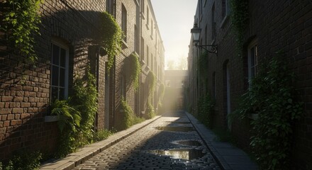 Obraz premium Ultra-realistic depiction of a sun-drenched, atmospheric cobblestone alleyway in an old European town, with ivy-clad brick walls and misty morning light creating a serene ambiance