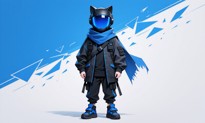 Confident futuristic character with blue visor cat helmet and techwear fashion on geometric backdrop