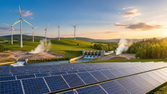 Renewable energy landscape with solar panels wind turbines and a geothermal plant