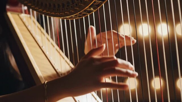 Musician playing string instrument close up gentle finger movement creating melodic soundscape