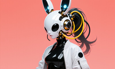Sleek futuristic cybernetic rabbit-headed robot wearing white jacket on vibrant pink background.