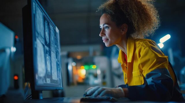 Medium shot of quality control specialist comparing visual and xray data on screen to ensure casting compliance in factory setting