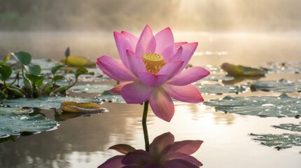 pink lotus flower blooming on calm water at sunrise with reflection