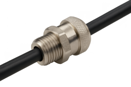 Electrical cable gland connecting industrial wire on transparent background