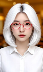 Serious young Asian woman with short white hair wearing red glasses in a close-up portrait.