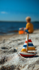 Un enfant joue avec un jouet bateau sur la plage pendant une journ&eacute;e ensoleill&eacute;e pr&egrave;s de l'eau.