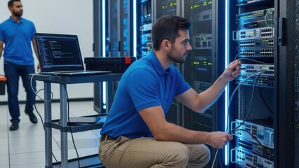 It technician working on server racks in a data center