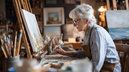 Une femme peint dans un atelier en bois avec des toiles et des pinceaux autour d'elle.
