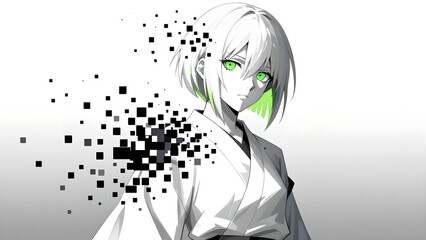 Intense Anime Girl with Glowing Green Eyes and Pixel Disintegration Effect on White Background