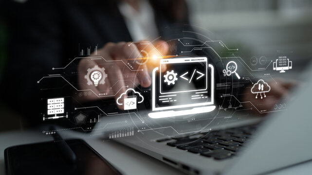 Modern web development concept featuring coding symbols, web development process, web development interface, and web development tools with futuristic design. Spline - Powered by Adobe