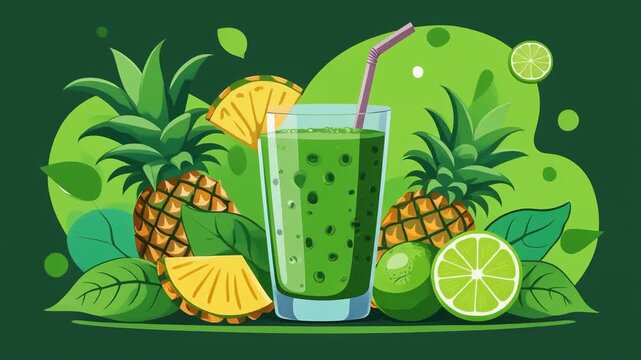 Green Smoothie with pineapple and lime: A vibrant depiction of healthy living, showcasing a refreshing green smoothie in a tall glass, surrounded by fresh pineapples, limes, and lush green leaves.