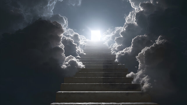 Un escalier menant vers une lumi&egrave;re intense, le paradis apr&egrave;s le d&eacute;c&egrave;s d'une personne.