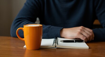 Coffee Break and Contemplation: A person, nestled at a wooden table, engages in a moment of quiet reflection, the warm glow of a coffee cup beside a pen and notebook.