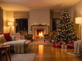 Inviting Living Room Is Adorned With A Christmas Tree Presents And Roaring Fire Creating A Warm
