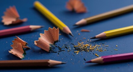 Pencils on Blue: A still life of vibrant pencils and freshly formed pencil shavings, arrayed against a deep blue background, evokes the creativity.
