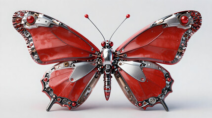 Stunning Red and Chrome Robotic Butterfly with Intricate Details on White Background