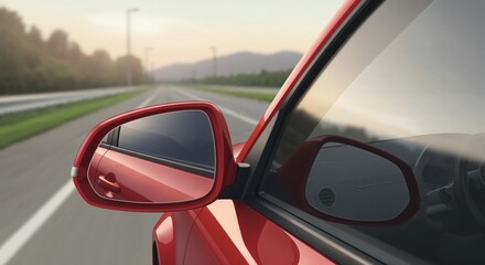 Road Ahead: A red car's side mirror captures a scenic view of an open road, the world whizzing by, evoking a sense of journey and the excitement of travel.