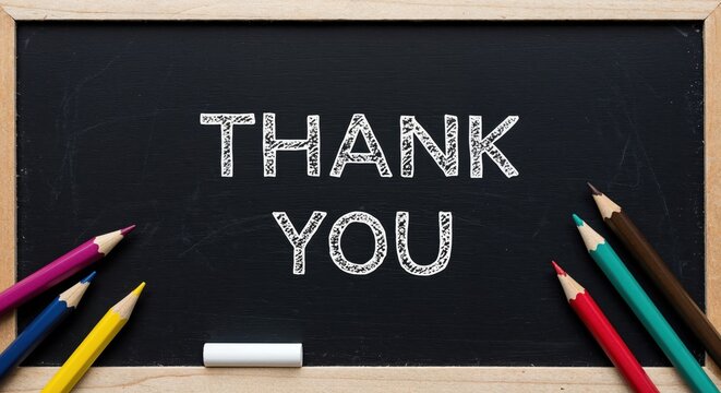 Thank You Chalkboard: The words THANK YOU are artfully written in chalk on a dark chalkboard, surrounded by an arrangement of colored pencils and a piece of chalk, create a warm appreciation concept