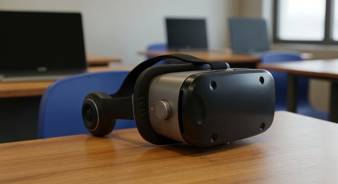 Virtual Reality on Table: A close-up shot of a sleek virtual reality headset, resting on a wooden table, suggesting the integration of modern technology into learning.