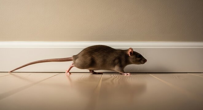 Brown Rat Walking Along White Baseboard on Wooden Floor - Home Pest Control Concept