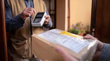 Medium shot showing a delivery person scanning a childsafe tamperevident package before handing it to a parent focusing on secure delivery verification.
