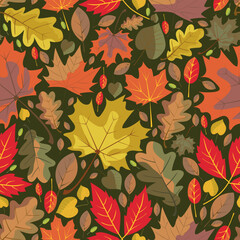 Seamless vector pattern of autumn leaves of various tree species, including maple, oak, birch. Multicolored autumn leaves in warm seasonal tones, seamless vector texture