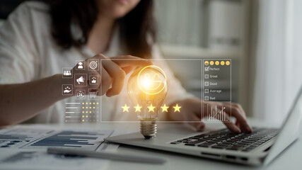 Customer feedback and satisfaction rating system showing star review, happy face, performance...