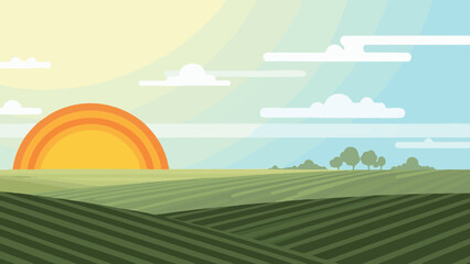 Sunrise over green fields with warm sunlight symbolizing Makar Sankranti  