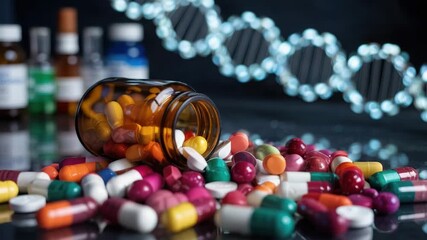 Dynamic pharmaceutical research video shows colorful pills spilling from bottle with DNA double helix backdrop, suggesting medical innovation and healthcare solutions - Powered by Adobe